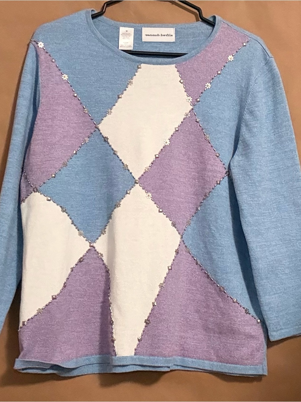 Alfred Dunner Womens Medium Light Blue Purple Beaded Sweater